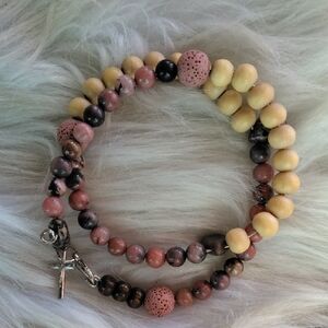 Rhodonite, Pink Lava Stone And Wood Beaded Cross Rosary Memory Wrap Bracelet